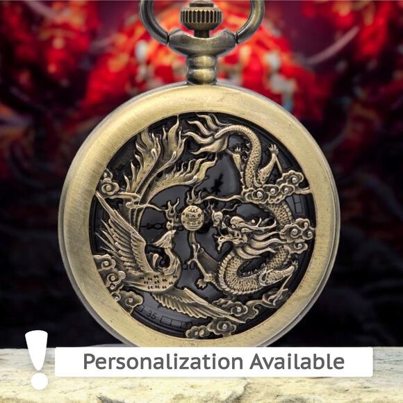 Dragon Phoenix Pocket Watch – Vintage Look Chinese Mythology Yin Yang Keepsake - Picture 1 of 10